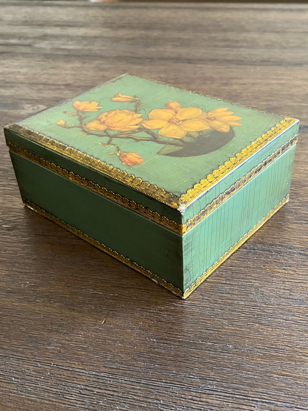 Vintage Green Trinket Box w/ Floral Bud Motif